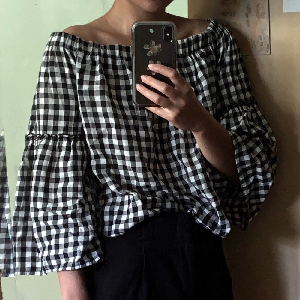 Black Gingham Top with Bell Sleeves
